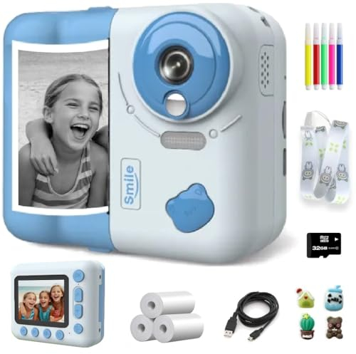 SMILE ITEMS Instant Camera Kids Digital Camera with Instant Printing, Includes 32GB Card, Printing Paper and Accessories. (Blue)