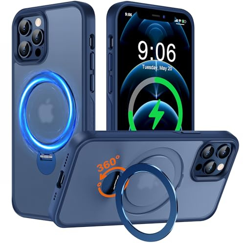 Derwav Multi-in-1 [Magnetic+ Kickstand+ Ring Holder] for iPhone 12 Pro Max Case, Compatible with MagSafe, 360° Rotatable Stand with Military Shockproof Silicone Frame Protection Magnetic Cover, Blue
