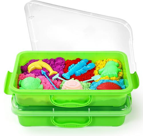Lot de 2 bacs à sable Sensory Bin avec couvercle et poignée - Portable - Pour enfants - Plateau d'activité en plastique pour les tout-petits - Vert