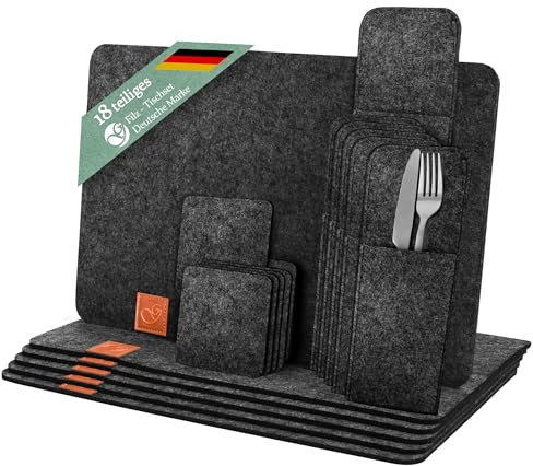 Ganzoo Tischsets aus Filz 18-teilig, Rechteckig, Platz-Set abwaschbar, hitzebeständige Untersetzer, Platzdeckchen für Esstisch, Schwarz