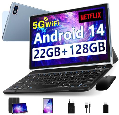 Tablette 2026 Nouvelle Tablettes 10 Pouces Android 14 avec 22Go RAM 128Go ROM 5G+2.4G WiFi, GPS, Octa-Core 2.0Ghz, GMS, 8000mAh, Widevine L1, BT5.0, Tablette Tactile avec Clavier| Souris| Etui - Gris
