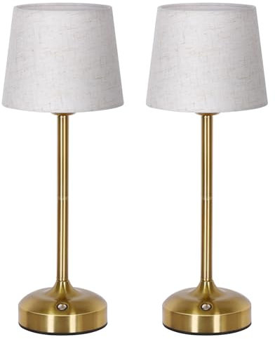OUTON 2 Pack Cordless Dimmable Table Lamp with 3 Color Temperatures, 5200mAh Rechargeable Battery, Touch Bedside Lamp with Memory Function, Fabric Shade for Bedroom, Living Room, Dining, Patio (Gold)