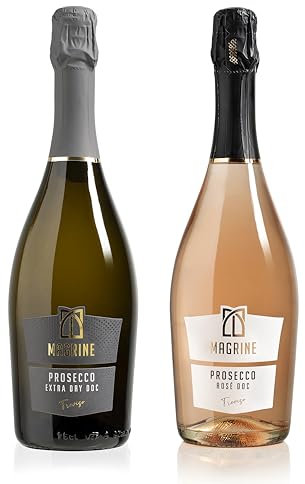 Magrine | Prosecco DOC Extra Dry + Rosé La Coppia DOC più Dolce e Famosa Vino Spumante Italiano Metodo Martinotti Prosecco DOC di Treviso da Uve Glera Confezione da 2 Bottiglie da 750 mL