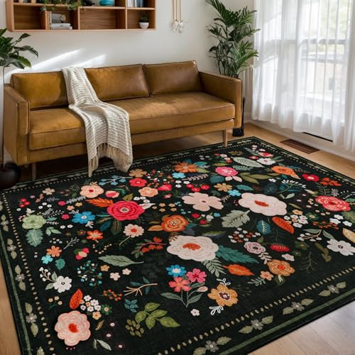 Homcomodar Teppich Wohnzimmer 160x230cm Schwarz Kurzflor Teppich Schlafzimmer Vintage Floral Waschbarer Teppiche Wohnzimmer für Schlafzimmer Kinderzimmer