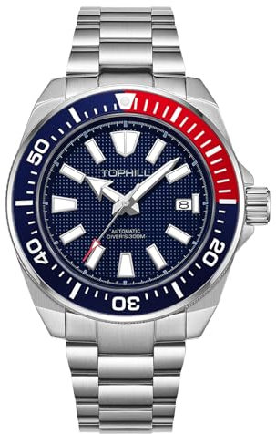 TOPHILL Automatische Uhren für Herren, 43,5 mm, Herrenuhren, Automatik, NH35, mechanisch, 300 m, wasserdicht, Saphir, Super C3, leuchtender Kalender, Taucheruhr für Herren, TD008G, Rotblauer Stahl