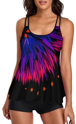 Lockenstab Tankini Damen Bauchweg Bademode Set Freizeit Badeanzug Tankinis Zweiteiler Sets Sommer Elegant Badeanzüge Für Damen Oberteil Mit Badeshorts(D Lila Farbverlauf Blume,XL)