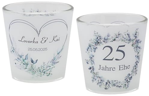 Windlicht Votiv Banderole Silberhochzeit 25 Jahre Ehe Eukalyptus Grün Silber Tischdeko PERSONALISIERT 7,5cm H (je ca.7,5cm H, Ø Oben ca.7cm, Ø unten ca.4,5cm, 2, Stück)