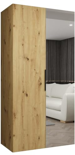 MEBLE KRYSPOL - Kleiderschrank mit Spiegel - Drehtürenschrank - Schrank 100x202x52cm - Garderobenschrank Schlafzimmer, Flur, Jugendzimmer - Farbe Artisan Eiche, Griff Schwarz - Marbella 2 100