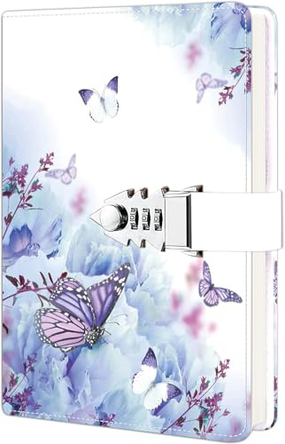 ZXHQ Journal Intime avec Code 21 x 15,5 cm – 224 pages, Carnet Secret pour Fille et Femme, Couverture en cuir PU, Motifs Élégants, Idéal pour Écriture Privée et Cadeau-Papillon Lavande