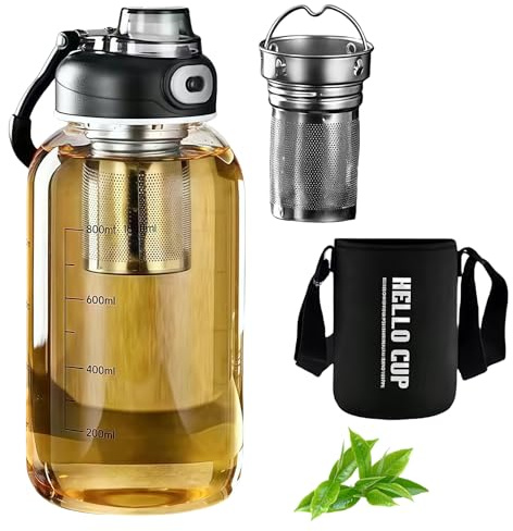 LEKEFETO Trinkflasche Glas 1.0L mit Teesieb – Auslaufsichere Glas Wasserflasche, Wasserflasche Trinkflasche 1000ml – Borosilikatflasche für Tee, Büro, Schule, Sport