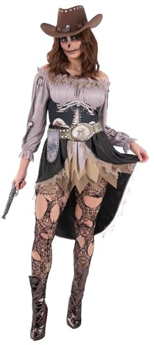 Smiffys Skeleton Saloon Girl Costume for Women, Halloween Western Cowgirl Outfit with Skeleton Print Dress and Holster Belt, Spooky Wild West Fancy Dress, Large