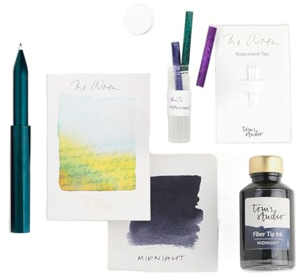 Tom's Studio Wren Pen Bundle Ivy | Luxury Refillable Writing & Calligraphy Pen | 1x 50ml Midnight Ink, 3x Pen Tips, 3x Spare Reservoirs & 1x Reservoir Container | Premium Gift for Artists & Writers