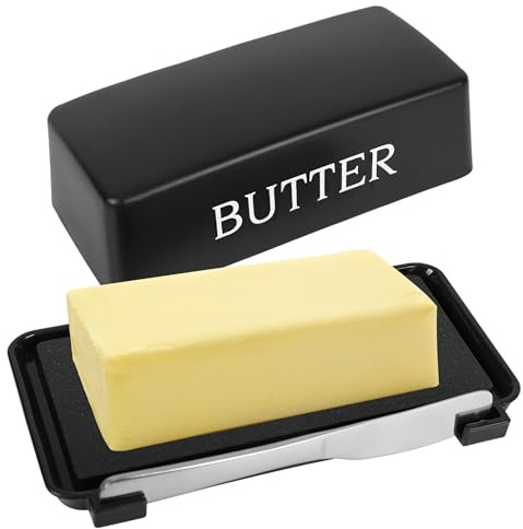 Butter Dish with Lid, Butter Dish Keeper with Cover and Knife for Countertop and Refrigerator, Butter Holder Tray, Dishwasher Safe, Kitchen Container for Butter Cheese Snacks Grease, Biscuits (Black)