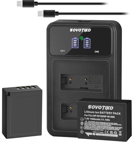 SOVOTIKO NP-W126S Battery 2-Pack and Dual-Slot PD Fast Charger for Fujifilm NP-W126 NP-W126S X-T100, X-T200, X100F, X100V, X100VI, X-S10,X-T10, X-T20, X-T30 II, X-Pro2, X-Pro3, X-T1, Camera,1350mAh