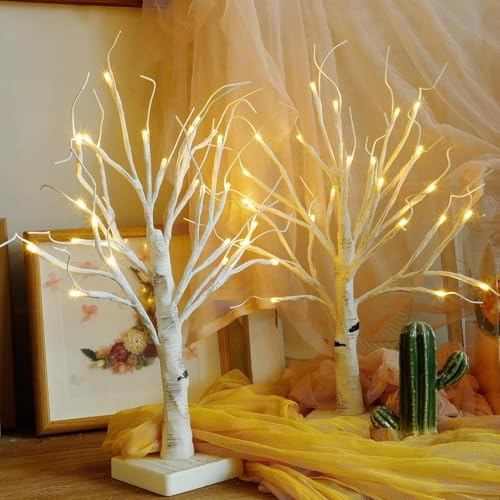 2 Pack White Twig Christmas tree 18inch 24LED Table Top Christmas Tree Battery Powered Lighted Xmas Tree with timer for Christmas Home Table Fireplace Indoor Decor