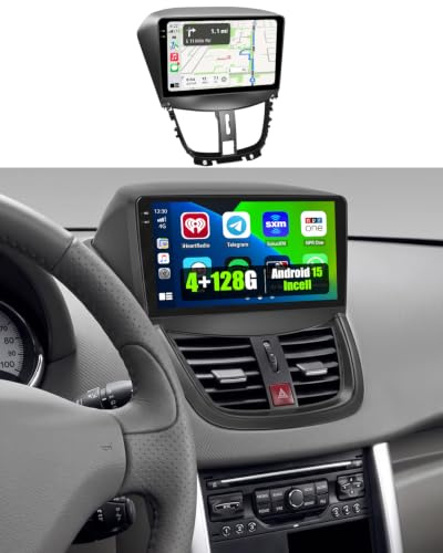 4+128G Autoradio avec CarPlay Android Auto pour Peugeot 207 2006-2015 | 9 Incell Android 15 Radio avec FM RDS EQ Bluetooth Navigation GPS Sortie Vidéo Split-Screen SWC USB WIFI Caméra Microphone