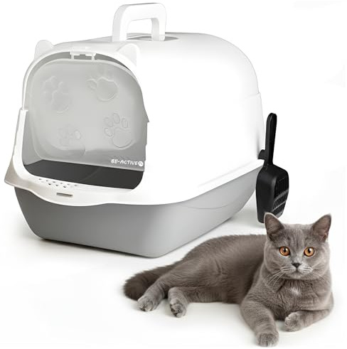 Katzenklo, Katzentoilette, Katzenklo mit Deckel, Geschlossenes Katzenklo mit Schaufel und Griff, Katzen Klo für Katze, Spritzsicher, 50x35x34 cm, weißgrau BE-ACTIVE PL