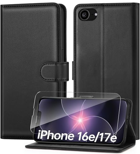 ivencase Coque pour iPhone 17e / iPhone 16e avec Verre Trempé, Noir | étui Cuir PU Magnétique, Pochette de Portefeuille, Fonction Stand Video, Porte Carte Credit, Rabat Housse