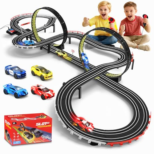 JONRRYIN Autorennbahn Rennbahn Kinder 1:64 Rennstrecke-4 LED Autos (737CM) | Rundenzähler, 360° Doppel-Looping, USB & BATTERIE, Extra Lang Rennstrecke Auto Spielzeug Geschenke Mädchen Jungen 6-12