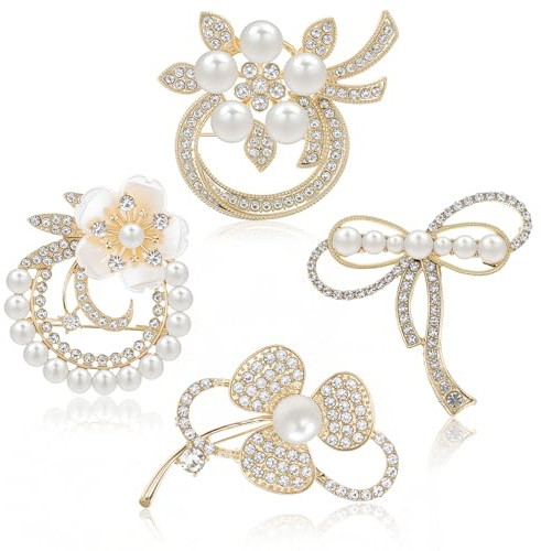 Brosche Damen, 4 PCS Broschen für Kleidung, Kristall Perle Blume Broschen, Eleganter Vintage-Stil Brosche Gold mit Strasssteinen und Perlen für Kostümen, Röcken, Schals, Hüten