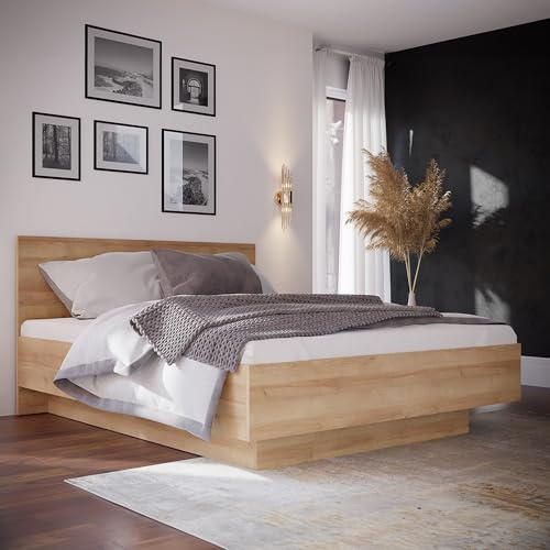 Forte LENYBELARDO Bett 160x200 cm, modernes Bettgestell mit Stauraum unter Lattenrost, Schlafzimmer, Holzwerkstoff, Riviera Eiche Holzdekor, 165,2 cm breit x 98,5 cm hoch x 204,9 cm tief