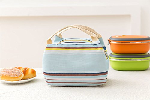 Vinsani Insulated Thermal Lunch Bag Portable Reusable Cooler Bag Unisex | Waterproof & Leak-Proof Design for Outdoor, Beach, Camping, BBQ & Travel, Lightweight & Foldable - Striped Light Blue