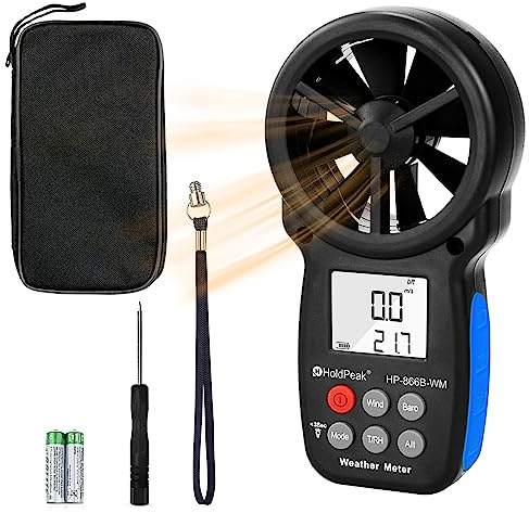 Holdpeak HP-866B-WM Anemómetro digital LCD de mano Medidor de velocidad del viento para medir la velocidad del viento, indicador barómetro, temperatura y viento frío con retroiluminación y máximo