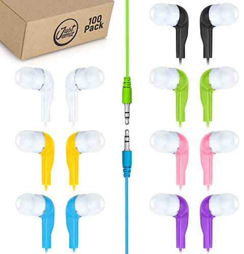 JustJamz Bulk Earbuds Jelly Roll | 100 Pack of Colorful in-Ear Earbuds, Wired Earphones for Smartphones & Laptop, Disposable Headphones for Kids & Adults, Assorted Colors