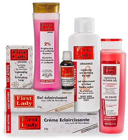 First Lady Original Fast Actives Skin Lightening (KIT) Lotion, Cream, Gel, Serum, Soap, Glycerin, Shower Gel