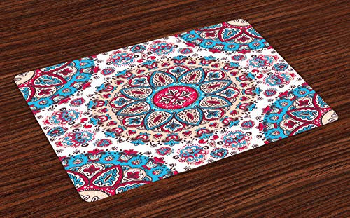 ABAKUHAUS Ethnisch Platzmatten, Orientalische Art Floral Retro, Waschbare Stoff Esszimmer Küche Tischdekorations Digitaldruck, Hellblau Rot