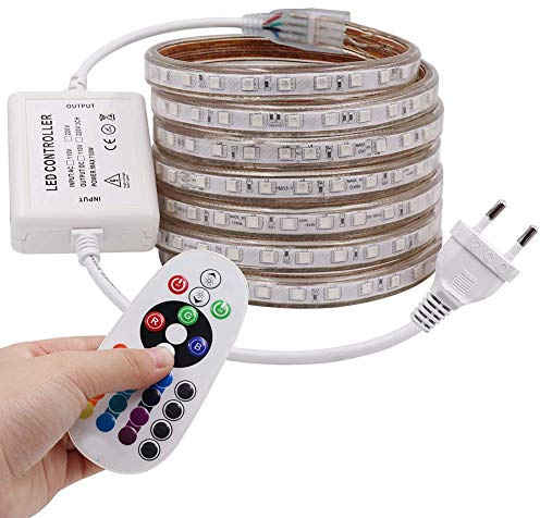 XUNATA Ruban à LED RGB, AC 220V 230V 5050 60leds / m IP65 étanche, Strip Flexible Bande, LED Strip Light avec changement de 24 Touches Télécommande (2M)
