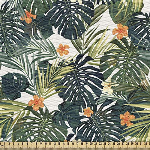 ABAKUHAUS Hawaii Gewebe als Meterware, Bunte polynesische Pflanze, Schön Gewebten Stoff für Polster und Wohnaccessoires, 1M (148x100cm), Jadegrün Farngrün Orange