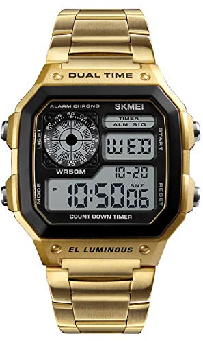SKMEI DG1335 Digital-Armbanduhr für Herren, Schwarz, Silber, Gold oder Roségold, großes Display, Edelstahlband, Datum, Alarm, Stoppuhr, gold, Armband
