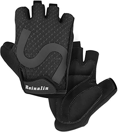 Reinalin Fahrradhandschuhe Halbfinger Herren Damen Gel Stoßdämpfung Fitness Handschuhe Atmungsaktiv Anti-Rutsch Radhandschuhe (Schwarz, S)