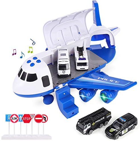 SHANNA Jeu pour VéHicule AéRien,Avion Roue Inertie avec Ensemble Jouets éDucatifs pour VéHicules,1 Grand Avion,4 Voitures Alliage Cadeau pour Enfant Garçon Fille (Voiture Police- Bleu)