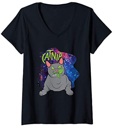 Mujer Gato Catnip Planta en el Espacio Lindo Gato Nip Camiseta Cuello V