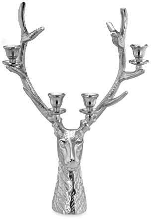 versilberter Kerzenleuchter 50 cm - großer 4-Armiger Kerzenhalter in Hirschkopf-Form - 4-flammiger Kerzenständer für Stabkerzen - ideal als Tischdeko für Advent und Weihnachtszeit