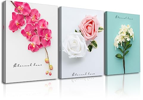 Piy Painting 3X Kunstdruck Auf Leinwand, Motiv Blühende Orchideen und Rosen, Modernes Gemälde im Giclée-Fotodruck Leinwand Foto Auf Keilrahmen Dekoration Kunstwerk Bilder (30x40cm)