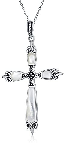 Bling Jewelry Collier Pendentif Croix Fleur de Lis en Nacre Blanche Style Western Vintage Spirituel Religieux pour Femmes Adolescents Argent Sterling .925 Oxydé