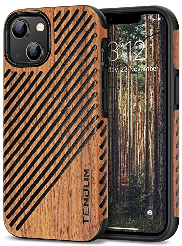 TENDLIN Compatible with iPhone 14 Case Wood Grain with Leather Outside Design TPU Hybrid Case (Wood & Leather) Black