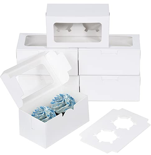 Coolty 50 Stück Cupcake Boxen 2 Löcher Karton Verpackung Boxen Bäckerei Gebäck Boxen mit Fenster und Einsätze für Cookies Muffins Cupcakes Desserts Torten (Weiß)