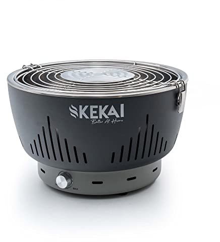 Kekai Barbacoa de Carbón Portátil de Sobremesa Crater 35x35x25 cm Cuenco Recoge Grasas con Ventilador Regulable Sin Humos Gris
