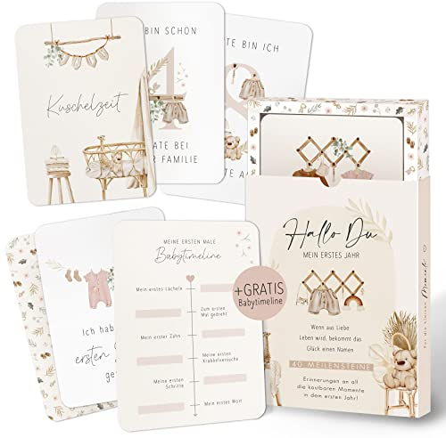 40 Meilensteinkarten Baby - Inspirierendes Meilenstein Karten Set inkl. Geschenkbox - für Mädchen - Hallo Du Bohotraum