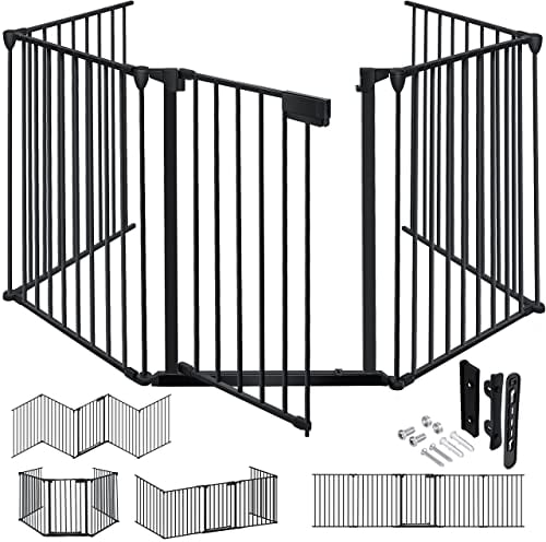 KESSER® Kaminschutzgitter mit Tür 480 cm Metall Ofenschutzgitter Laufgitter Laufstall Absperrgitter Tierschutzgitter Türschutzgitter für Kinder-Sicherung, 8-teilig Elemente (je 60 x 75 cm) Schwarz
