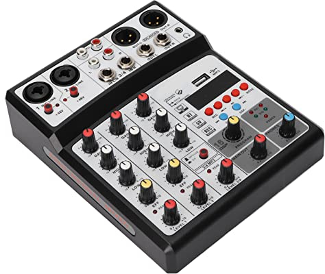 Professioneller 4-Kanal-Audio-Mixer, Stereo-Recording-4-Kanal-Mischpult, mit MP3-, USB-, Bluetooth-Eingang, 16 Echo/Delay-DSP-Prozessoren, LED-Pegelanzeige (EU-Stecker AC220V50HZ Ausgang)