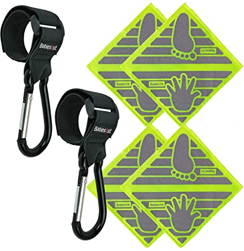 Babies1st Spar Set: Rutschfeste Kinderwagen Karabiner mit Premium Klettverschluss (2-er Set) und Kinderwagen Reflektoren 12 x 12 cm Neon Gelb (4-er Set)
