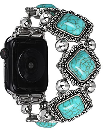 CHARMINGO Correa de pulsera turquesa compatible con Apple Watch Band de 38 mm, 40 mm, 41 mm, estilo bohemio, turquesa, iWatch para mujer, pulsera vintage occidental para iWatch SE Series Ultra