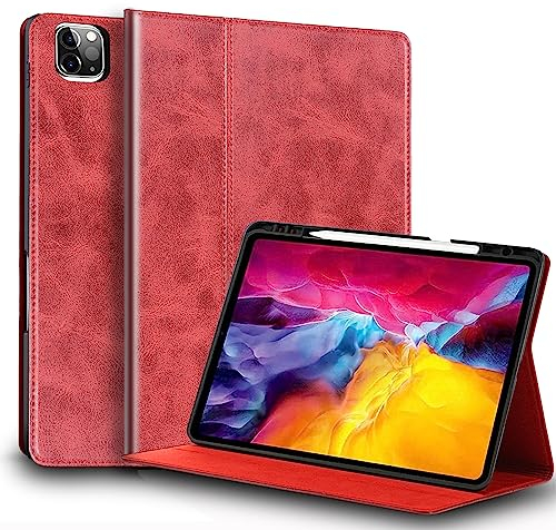 Gexmil Leder Hülle für iPad Pro 12,9 Zoll 6./5./4./3. Generation 2022/2021/2020/2018 Echt Leder Cover mit Stylus Halter,Stoßfest Automatischer Schlaf/Aufwachen,Einstellbarer Ständer, Rot