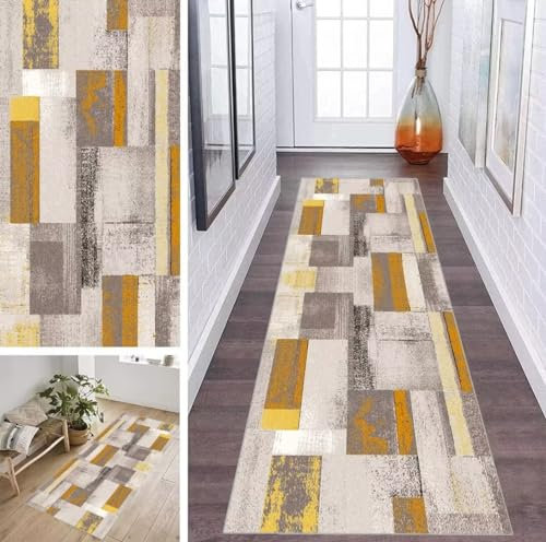 ZDYHMrj Läufer Teppich Flur Küche Waschbar rutschfest 90 * 350cm, Abstraktes Geometrisches Muster Lang Teppichmatte Dauerhaft Fur Korridor Wohnzimmer Schlafzimmer Meterware Anpassbar
