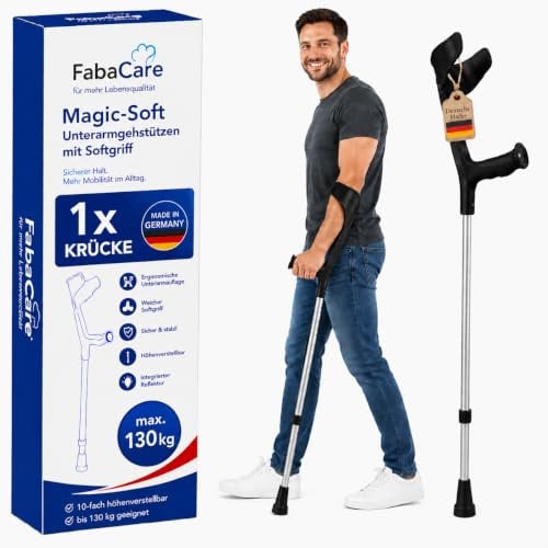 FabaCare Krücke mit Softgriff Magic-Soft, Unterarmgehstütze mit Softgrip, Gehhilfe höhenverstellbar, leichte Gehstütze, Unterarmkrücke bis 130 kg, Schwarz